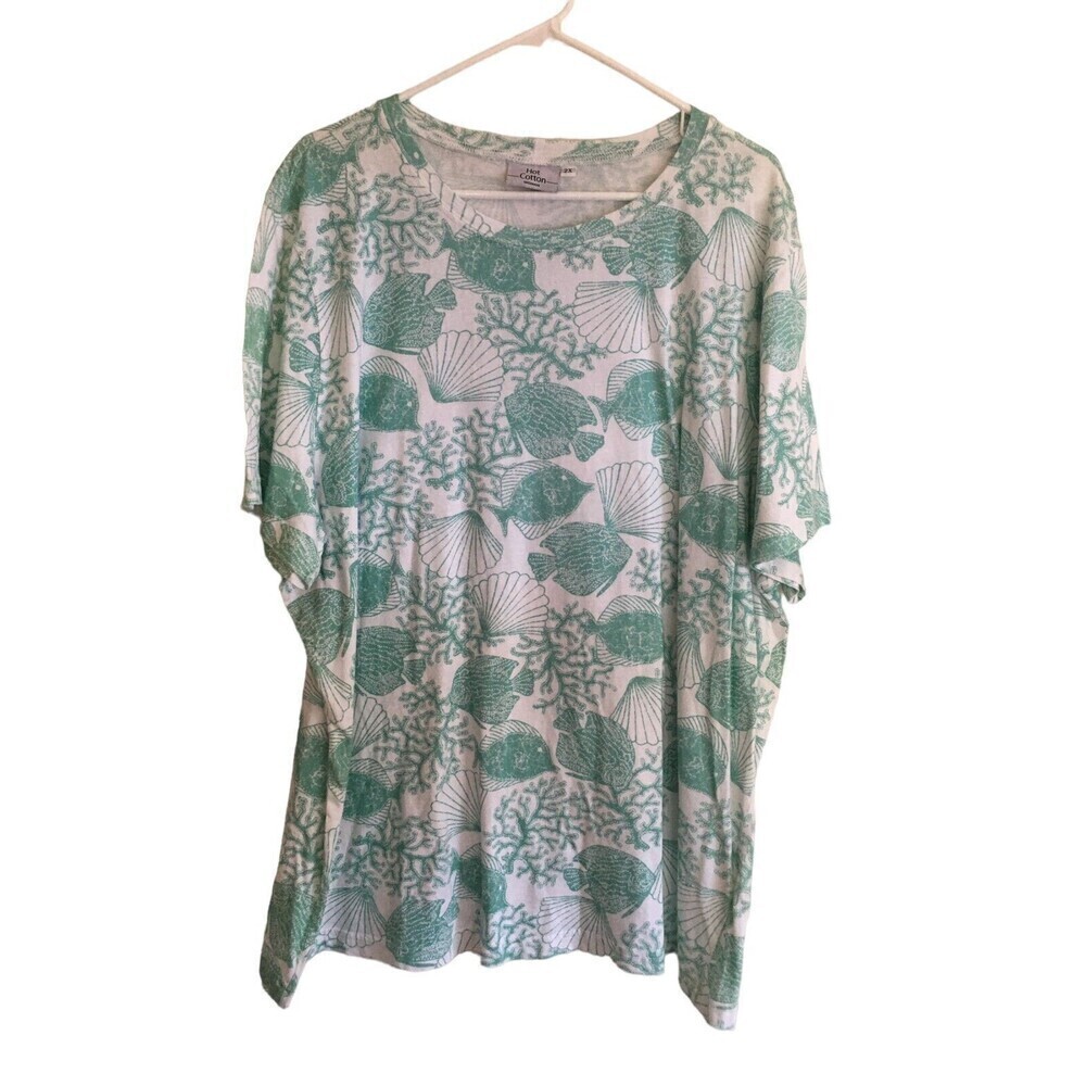 Hot Cotton Size 2X Top Green Short Sleeve Fish Coral Lagenlook Cotton Shirt NEW